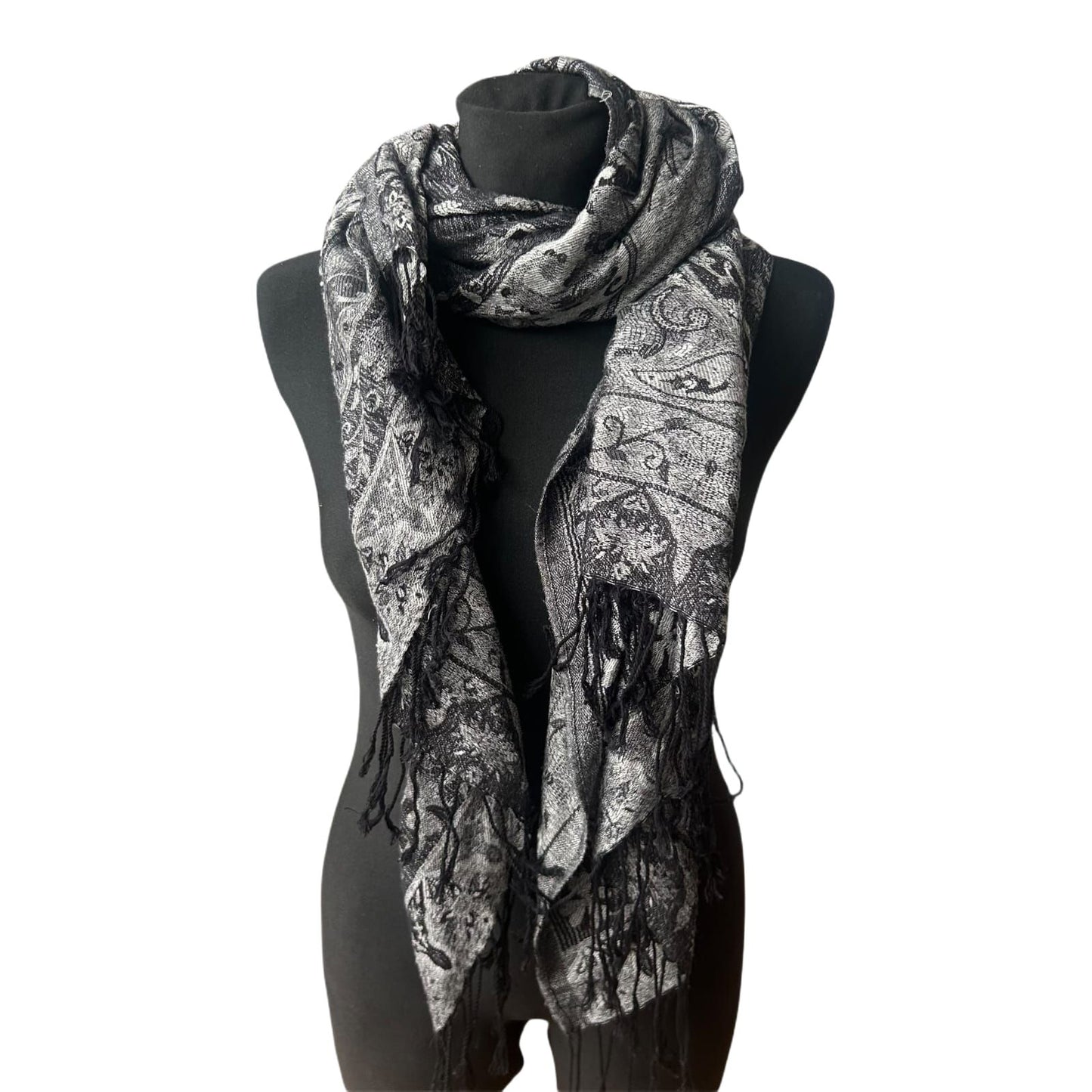 4You Damen Schal Paisley Muster Grau Fransen Elegant Leicht Viskose