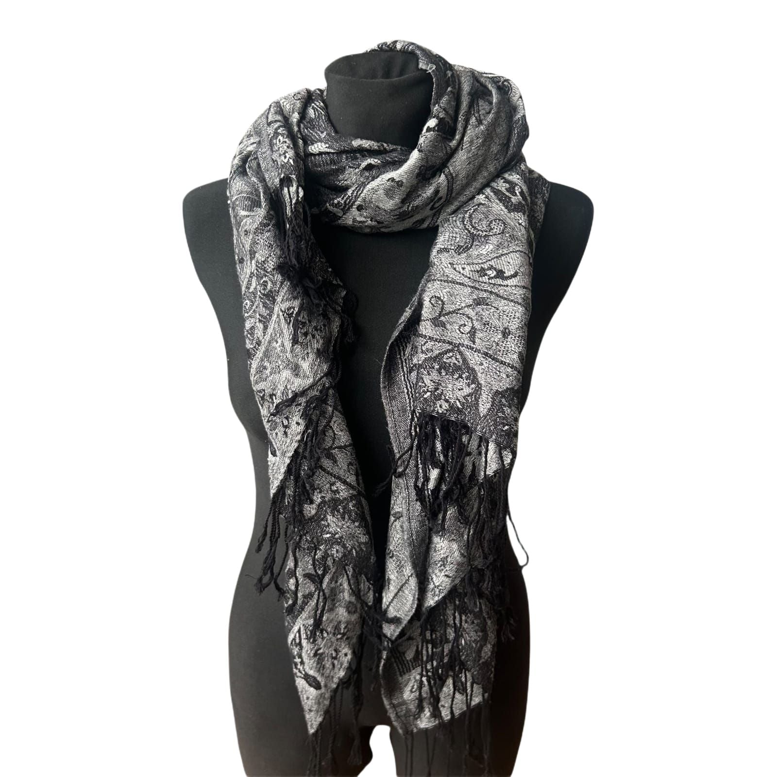 4You Damen Schal Paisley Muster Grau Fransen Elegant Leicht Viskose