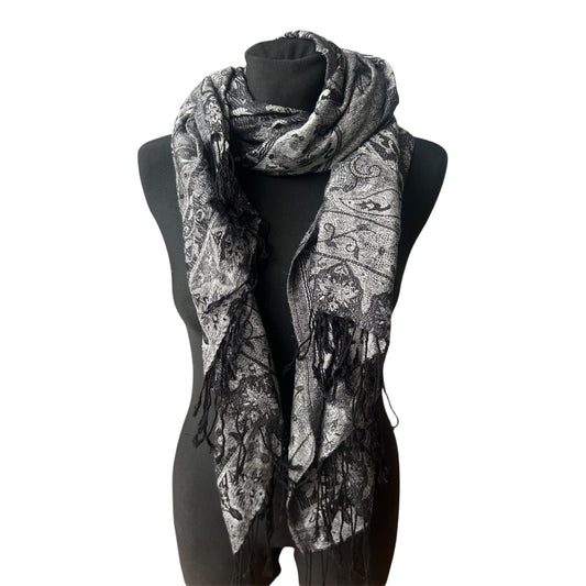 4You Damen Schal Paisley Muster Grau Fransen Elegant Leicht Viskose