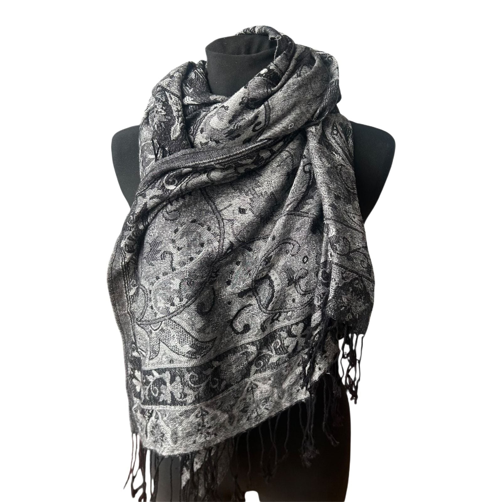 4You Damen Schal Paisley Muster Grau Fransen Elegant Leicht Viskose