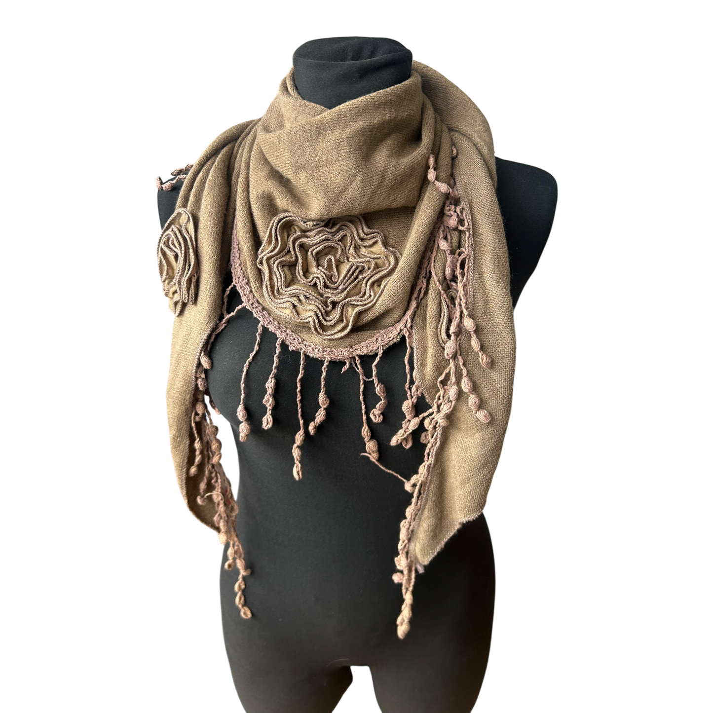 Damen Schal braun weich stretchig mit Blüten Applikation Fransen elegant