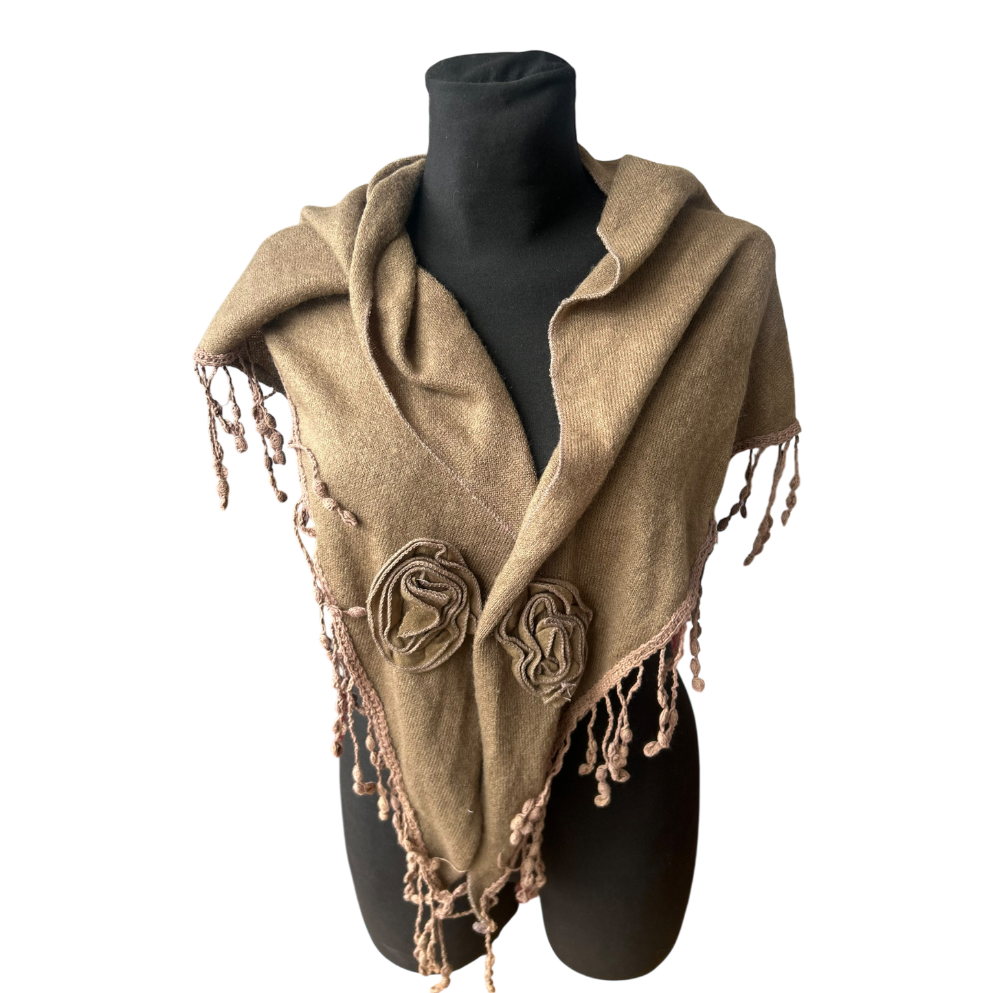 Damen Schal braun weich stretchig mit Blüten Applikation Fransen elegant