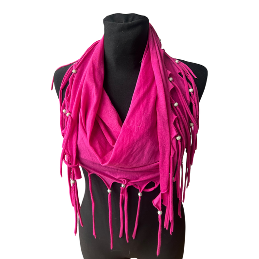 Damen Schal Pink mit Fransen Perlen weich leicht Sommer Tuch