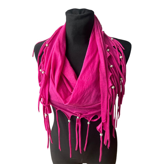 Damen Schal Pink mit Fransen Perlen weich leicht Sommer Tuch