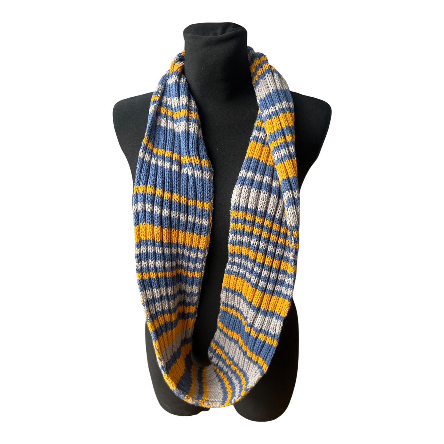 Damen Loop Schal blau gelb grau gestrickt weich modisch