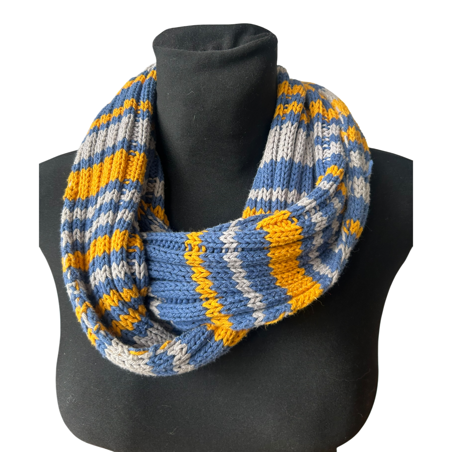 Damen Loop Schal blau gelb grau gestrickt weich modisch