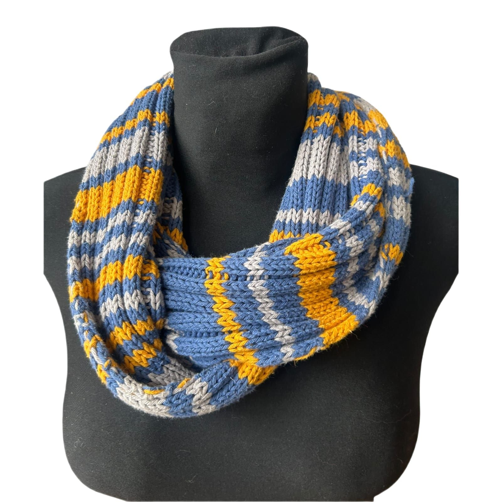 Damen Loop Schal blau gelb grau gestrickt weich modisch