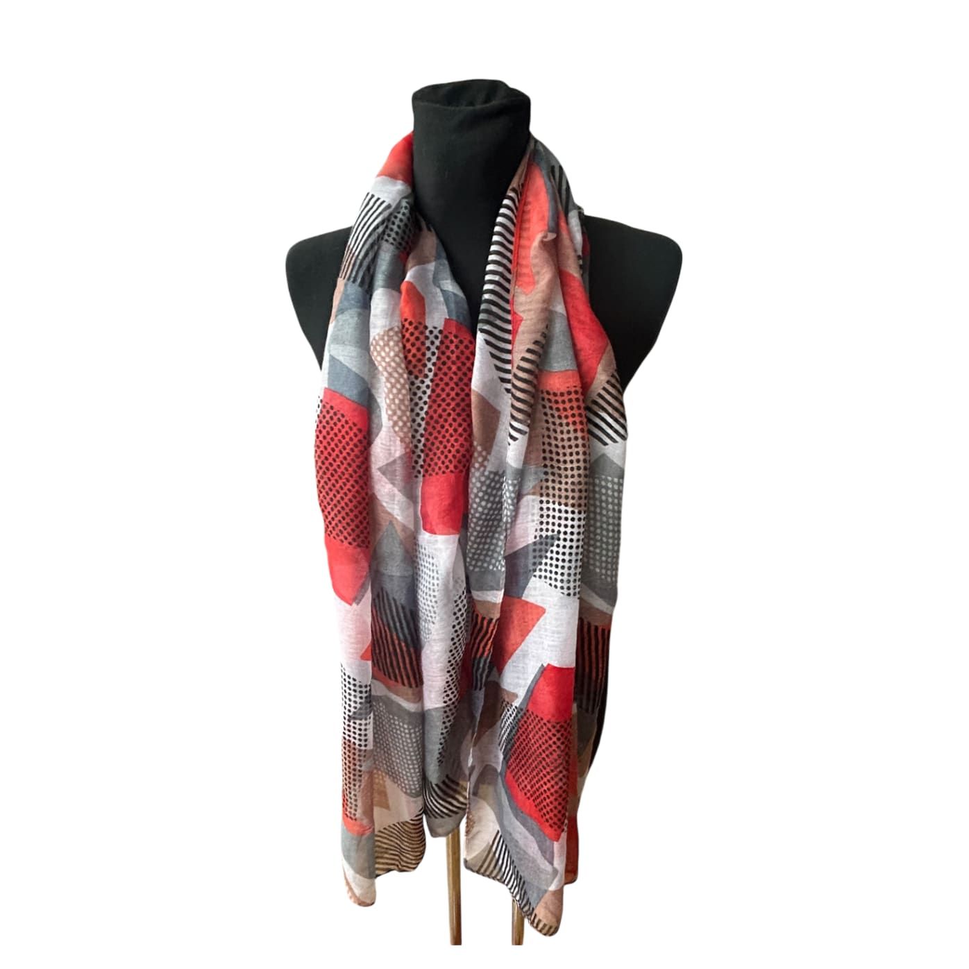 Damen Schal Tuch Viskose Geometrisch Rot Grau Schwarz 180x70