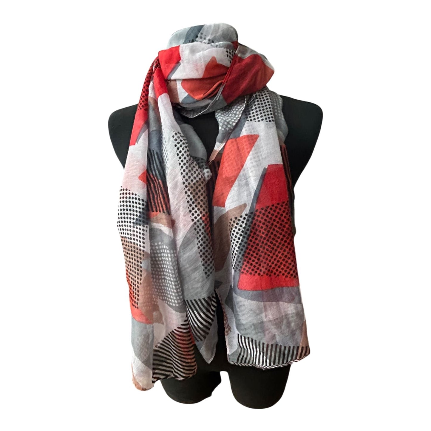 Damen Schal Tuch Viskose Geometrisch Rot Grau Schwarz 180x70