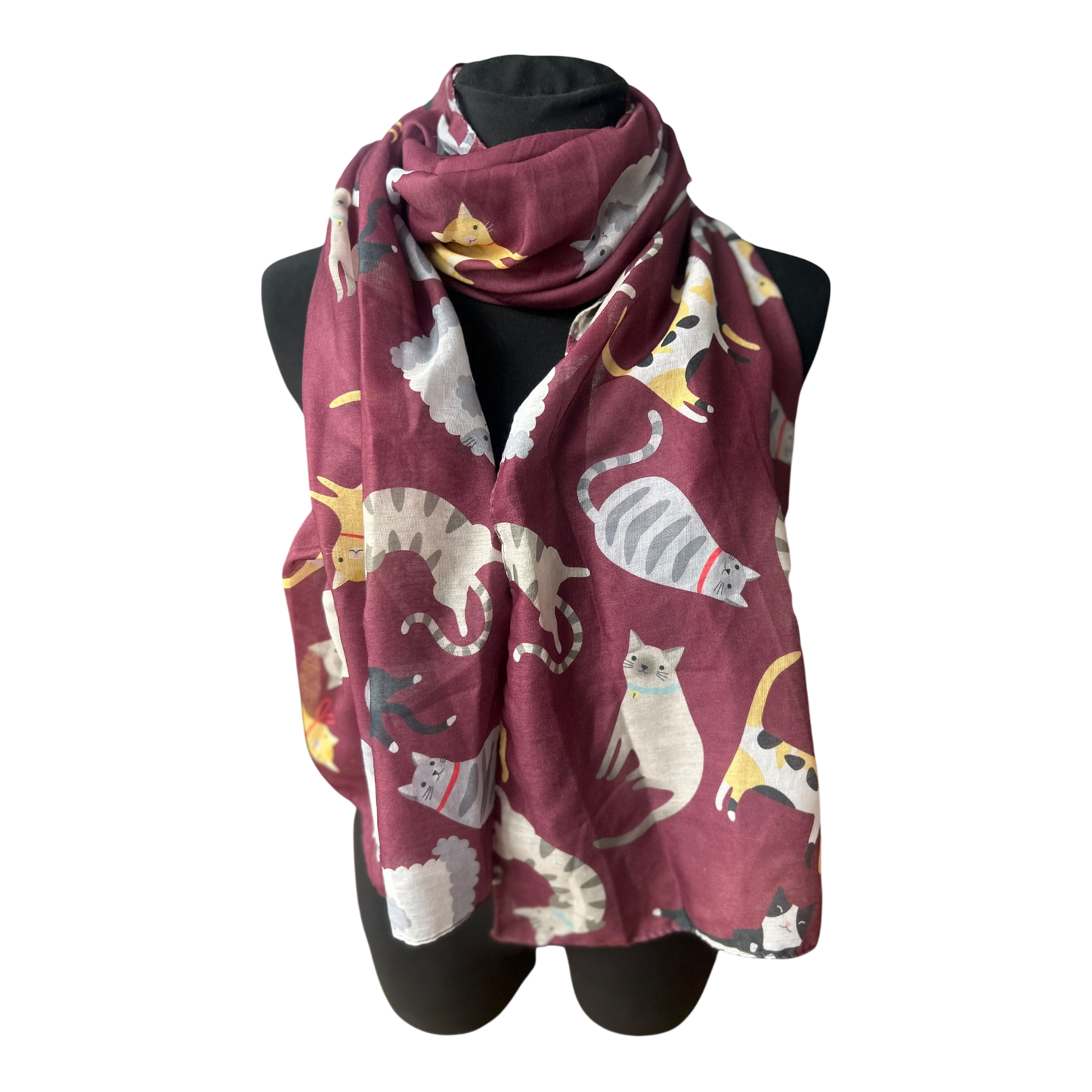 Damen Halstuch Katzenmotiv Bordeaux weich leicht Tuch Sommer Herbst