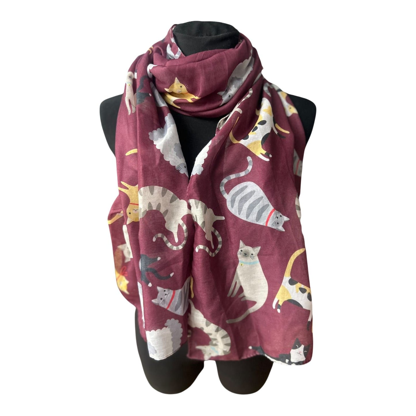 Damen Halstuch Katzenmotiv Bordeaux weich leicht Tuch Sommer Herbst