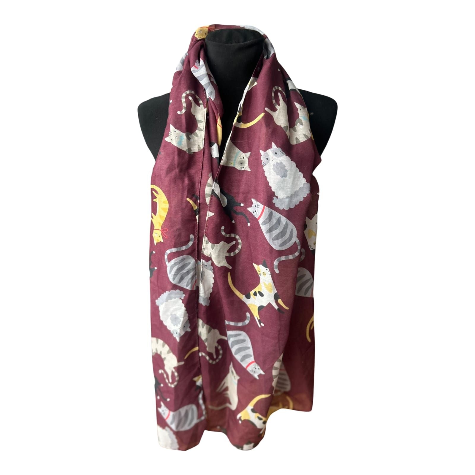 Damen Halstuch Katzenmotiv Bordeaux weich leicht Tuch Sommer Herbst