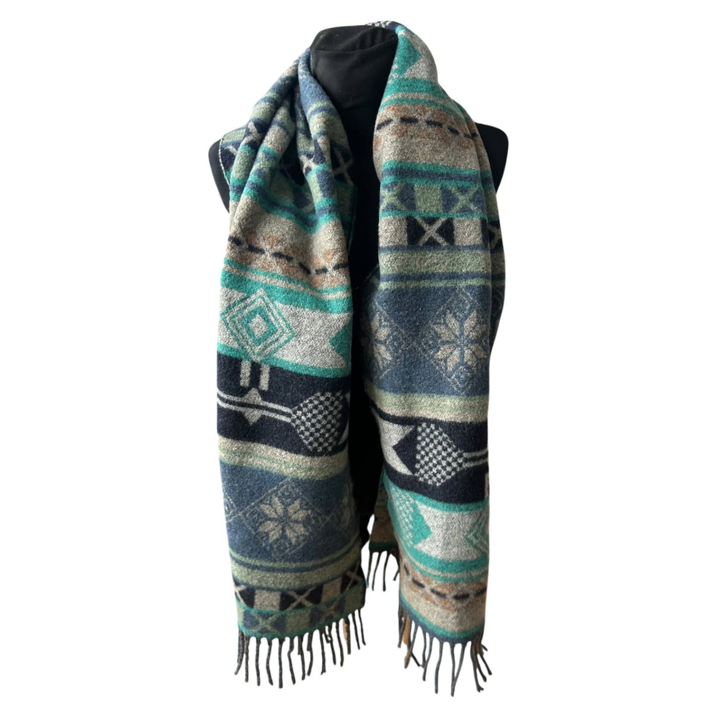 Damen Schal Esprit Wollmix Blau Grau Ethnomuster weich mit Fransen