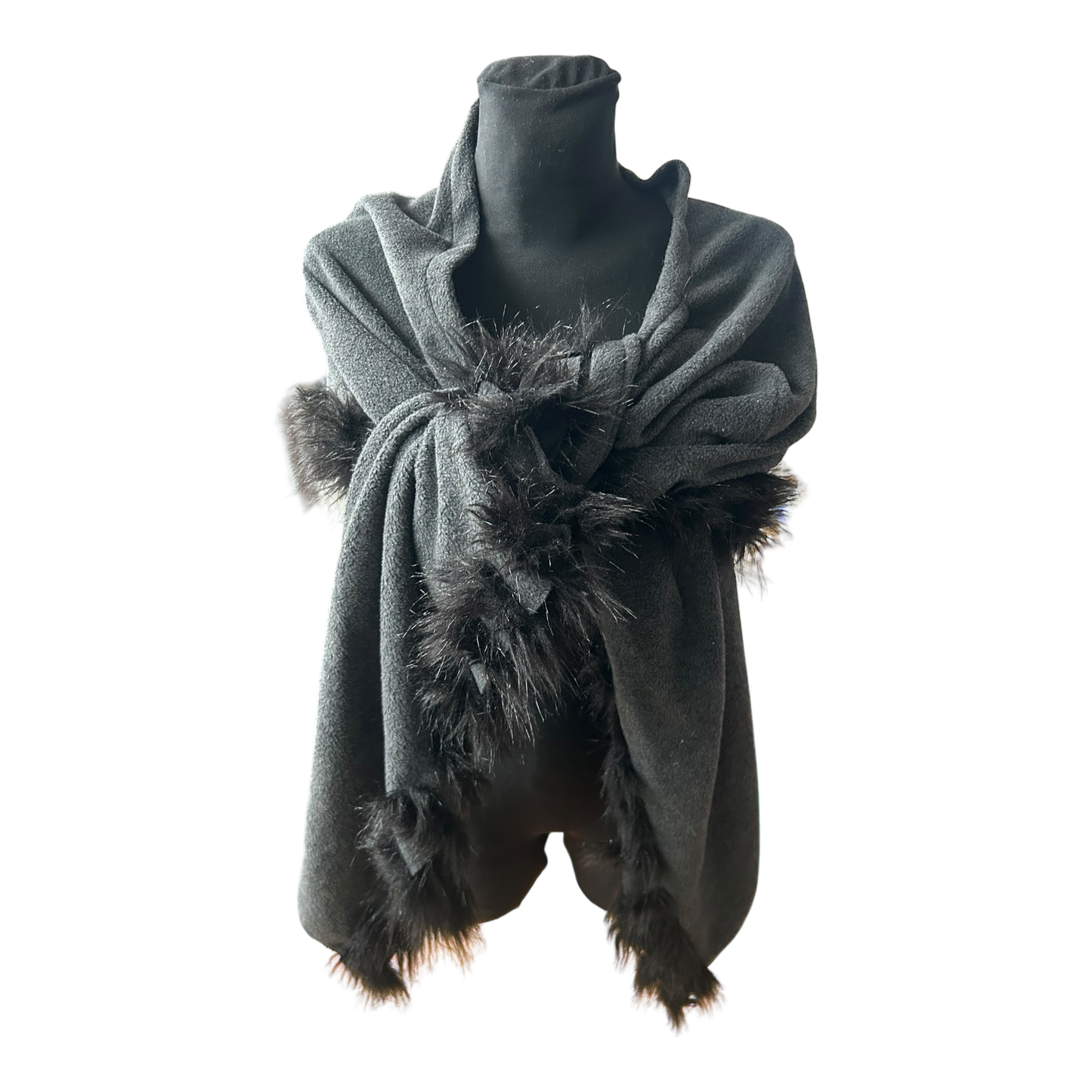 Damen Cape Tuch grau mit Kunstfellbesatz weich elegant groß