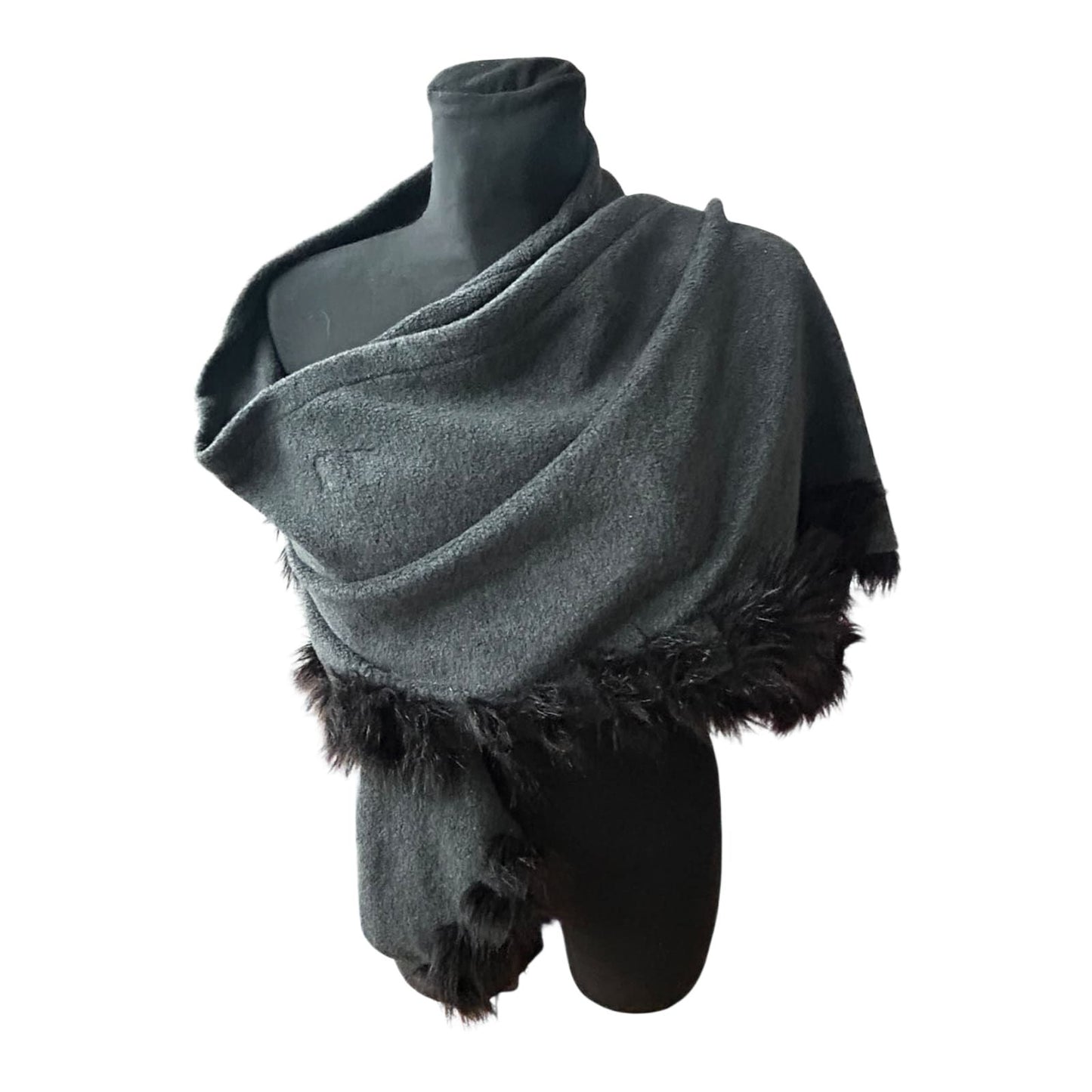 Damen Cape Tuch grau mit Kunstfellbesatz weich elegant groß