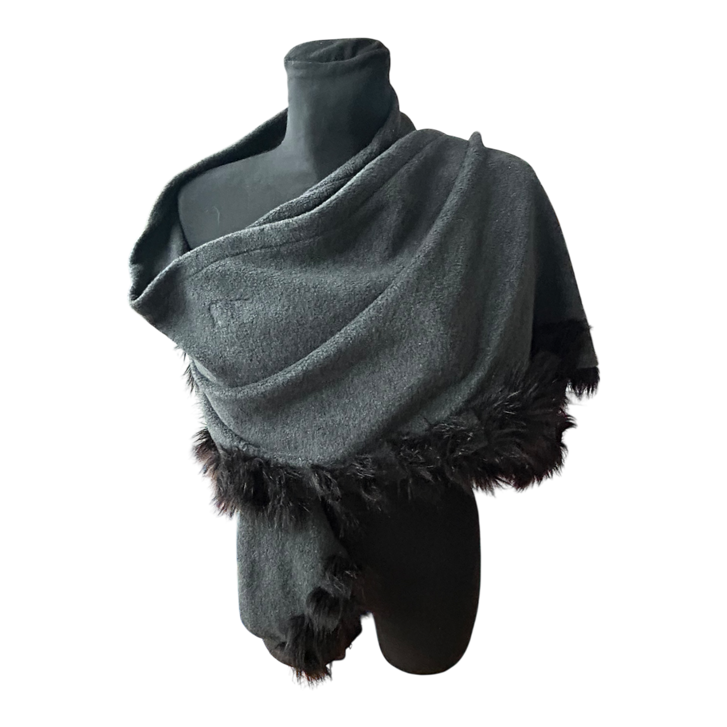 Damen Cape Tuch grau mit Kunstfellbesatz weich elegant groß