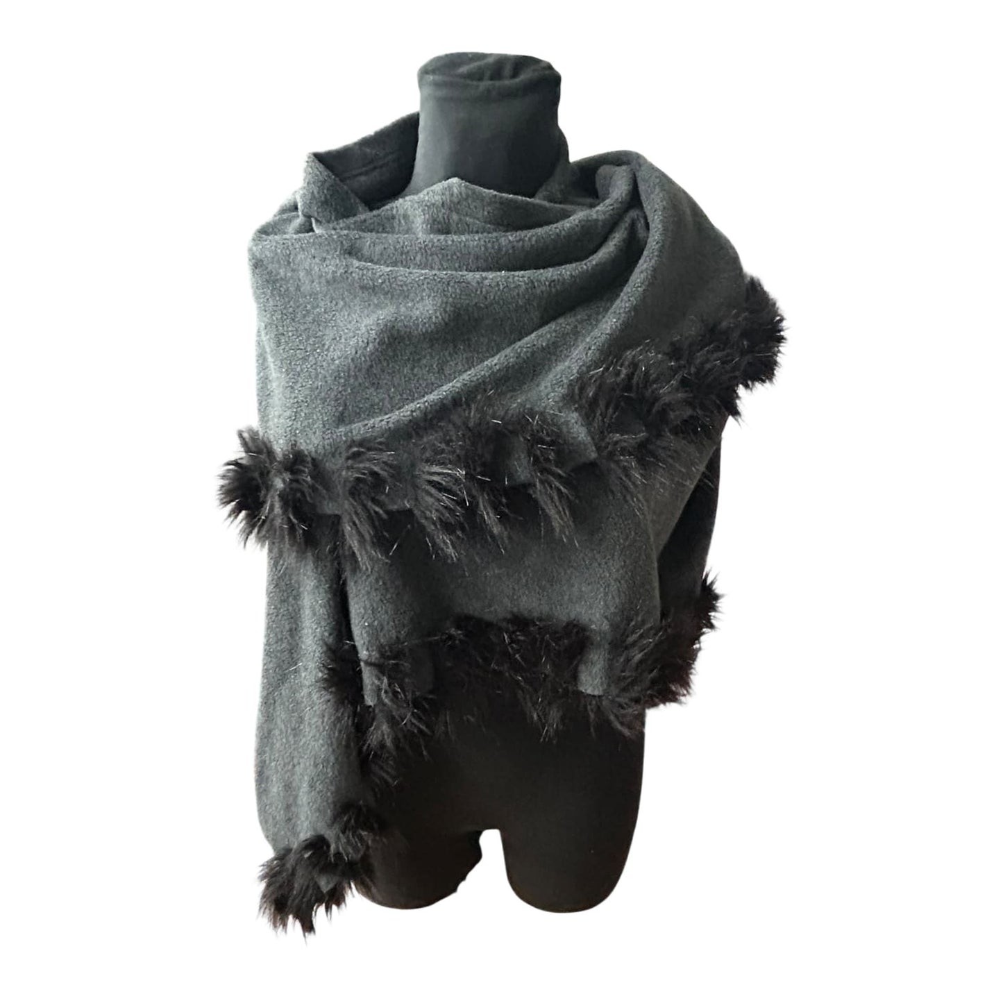 Damen Cape Tuch grau mit Kunstfellbesatz weich elegant groß