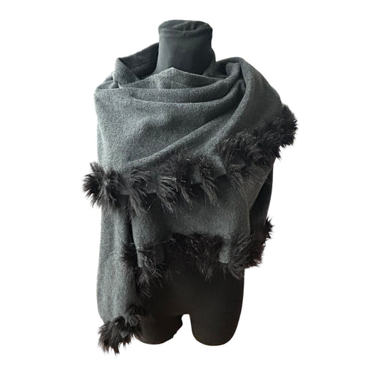 Damen Cape Tuch grau mit Kunstfellbesatz weich elegant groß