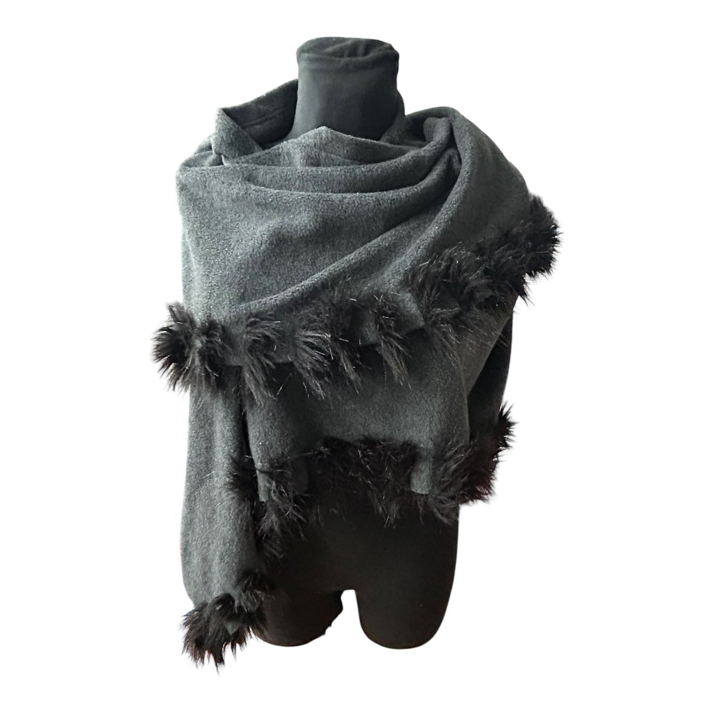 Damen Cape Tuch grau mit Kunstfellbesatz weich elegant groß