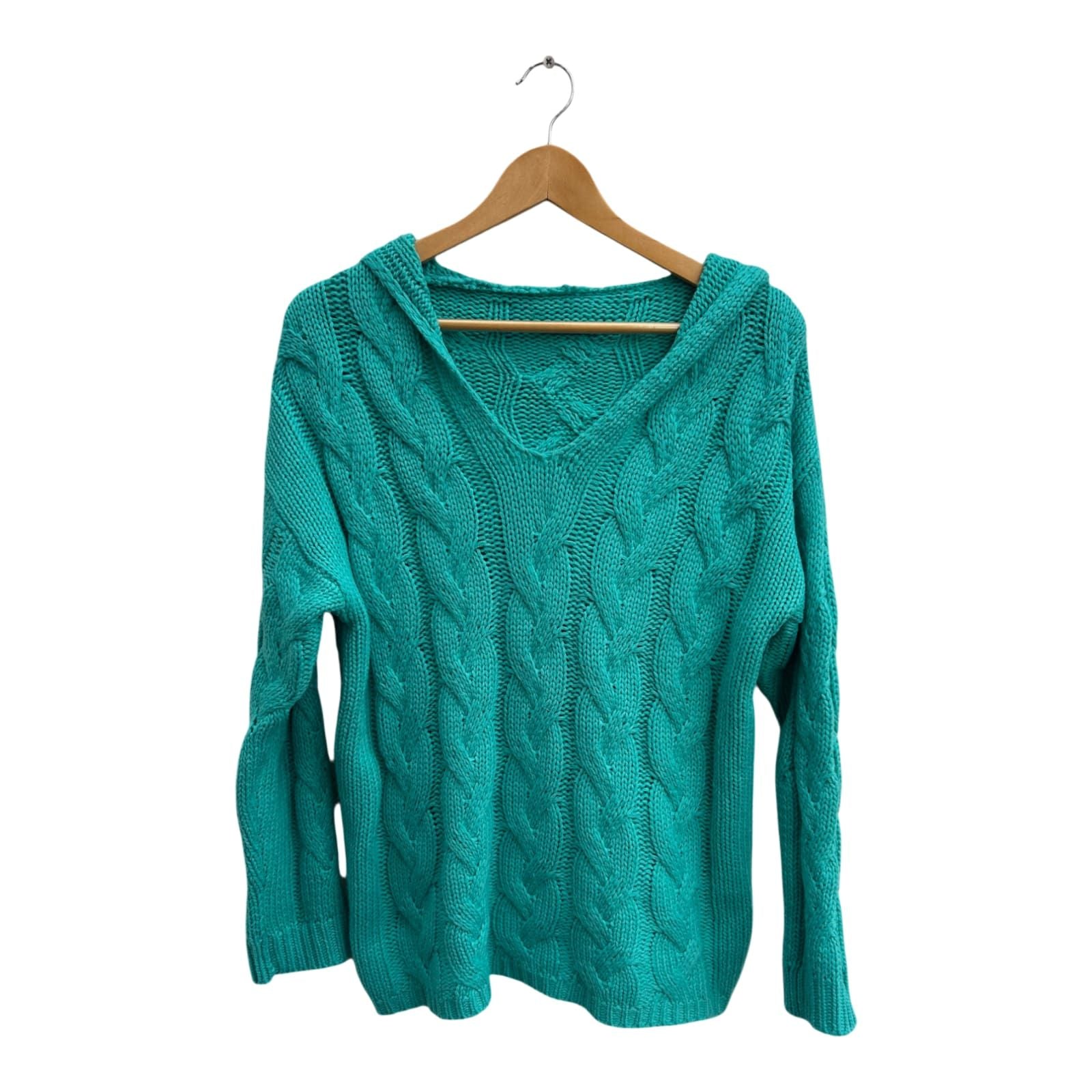 Damen Pullover Gr M Petrol Zopfmuster Kapuze V Ausschnitt Strick Hoodie Sweater