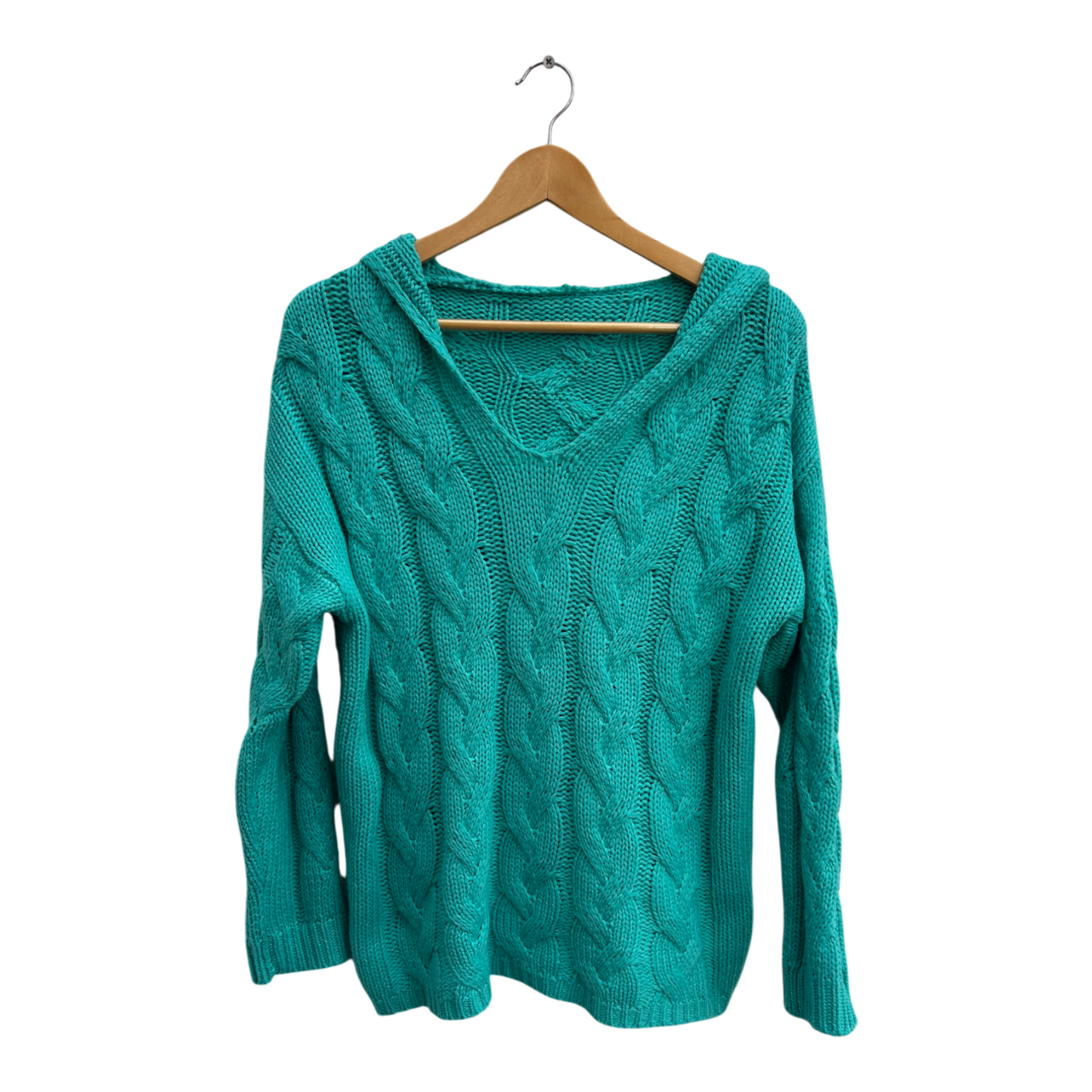 Damen Pullover Gr M Petrol Zopfmuster Kapuze V Ausschnitt Strick Hoodie Sweater