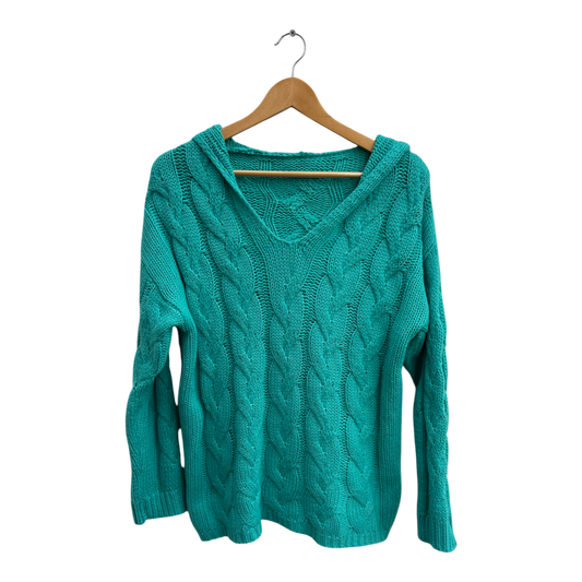 Damen Pullover Gr M Petrol Zopfmuster Kapuze V Ausschnitt Strick Hoodie Sweater