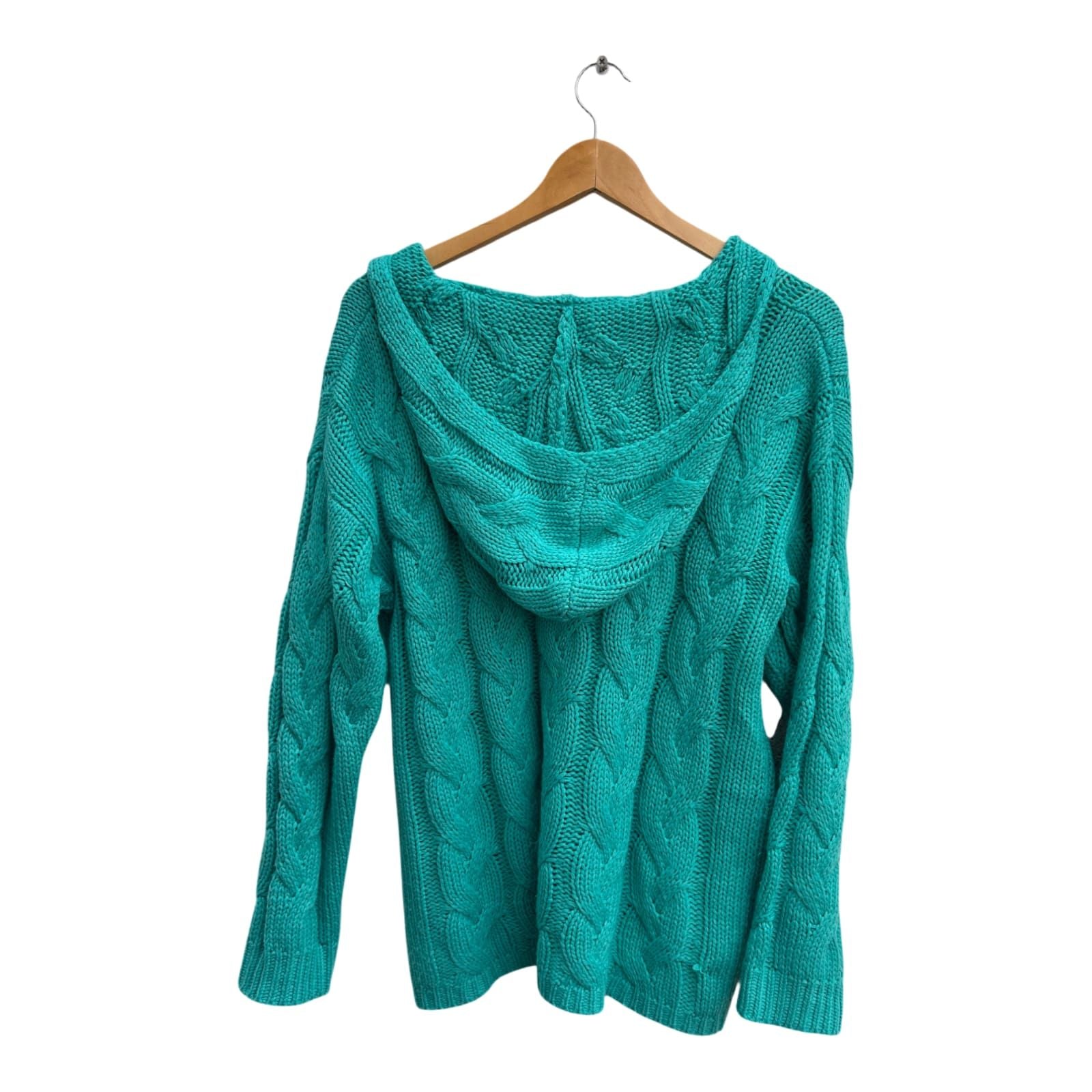 Damen Pullover Gr M Petrol Zopfmuster Kapuze V Ausschnitt Strick Hoodie Sweater