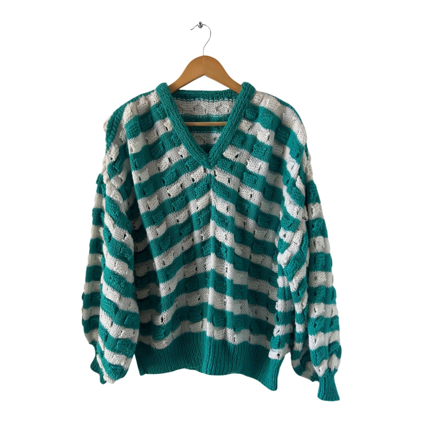 Damen Pullover Oversize Gr XL Petrol Weiß Gestreift V Ausschnitt Baumwolle Vintage