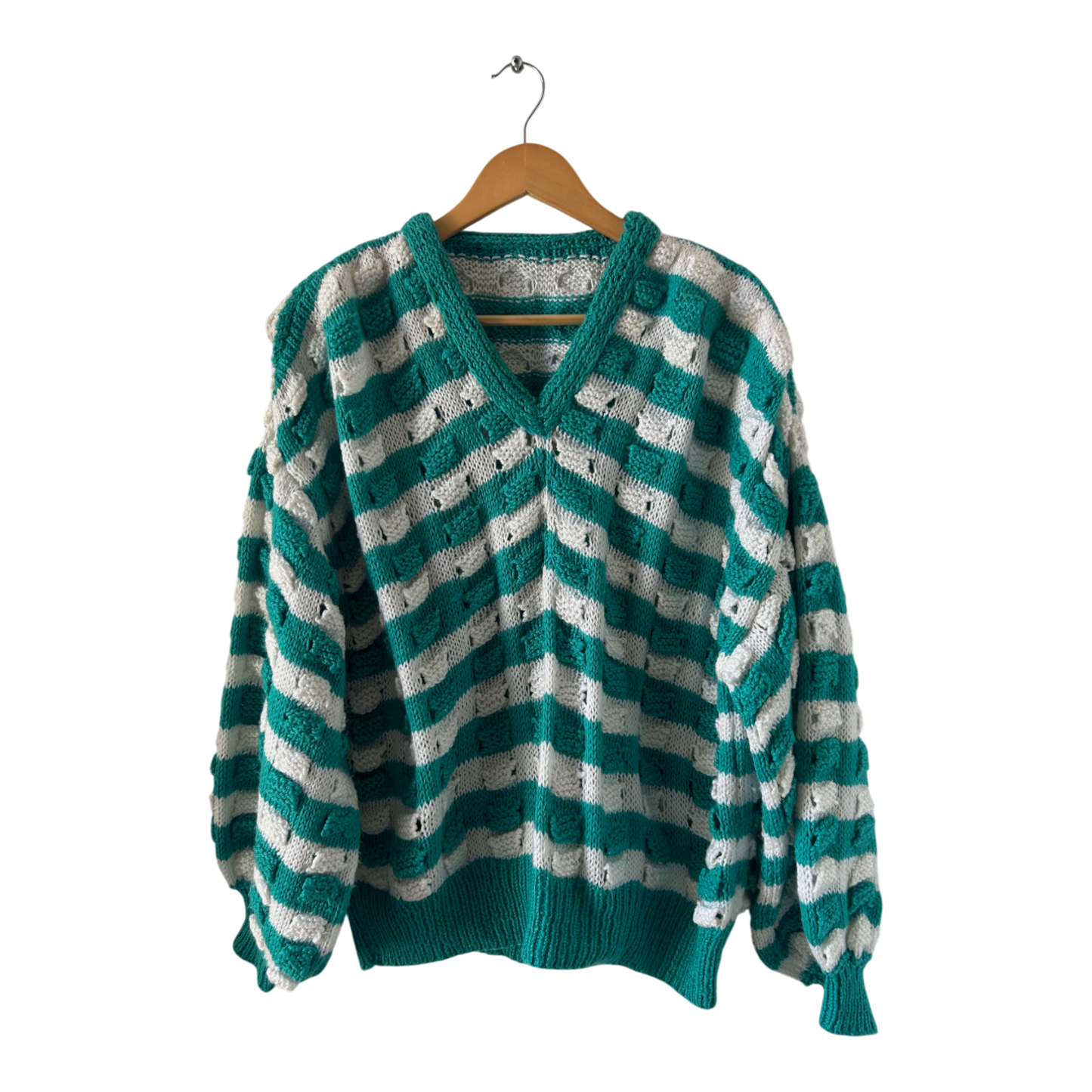 Damen Pullover Oversize Gr XL Petrol Weiß Gestreift V Ausschnitt Baumwolle Vintage