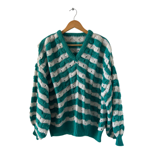 Damen Pullover Oversize Gr XL Petrol Weiß Gestreift V Ausschnitt Baumwolle Vintage