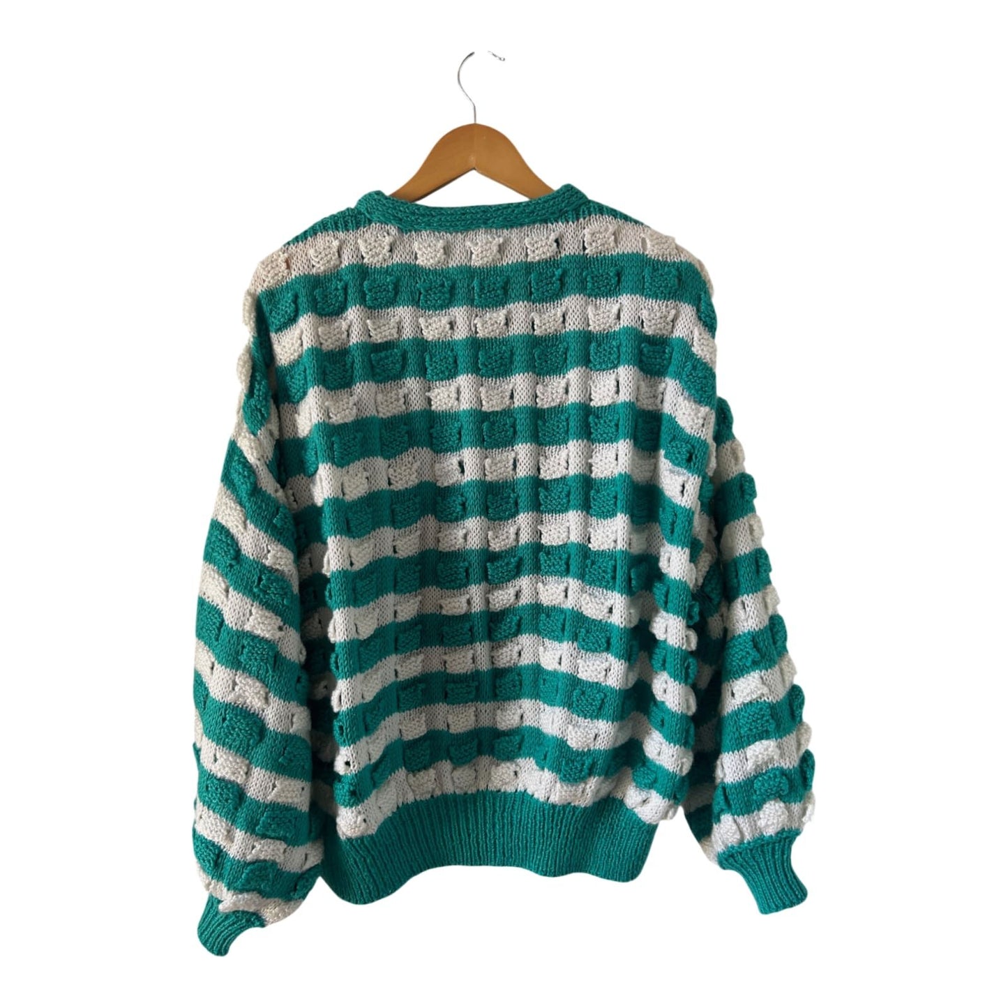 Damen Pullover Oversize Gr XL Petrol Weiß Gestreift V Ausschnitt Baumwolle Vintage