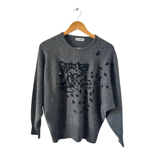 Mamut Moden Pullover Damen Gr L Grau Lammwolle Vintage 80er Oversize Leoparden Motiv