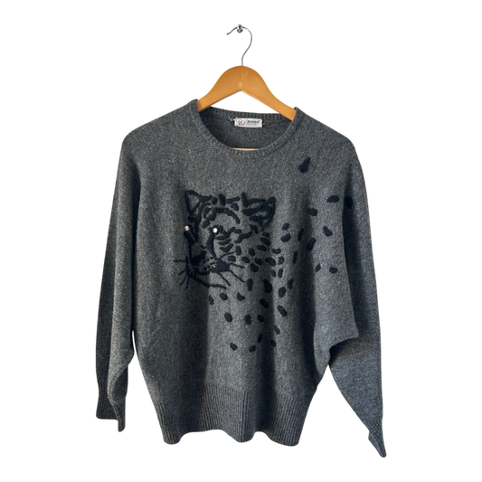 Mamut Moden Pullover Damen Gr L Grau Lammwolle Vintage 80er Oversize Leoparden Motiv