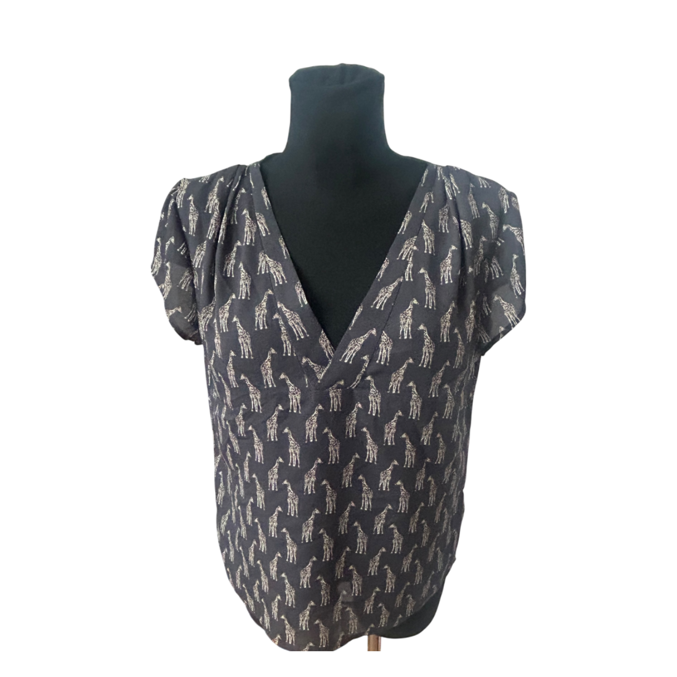 H&M Conscious Damen Bluse Kurzarm Giraffen Muster V Ausschnitt Größe 38