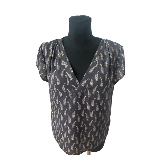 H&M Conscious Damen Bluse Kurzarm Giraffen Muster V Ausschnitt Größe 38