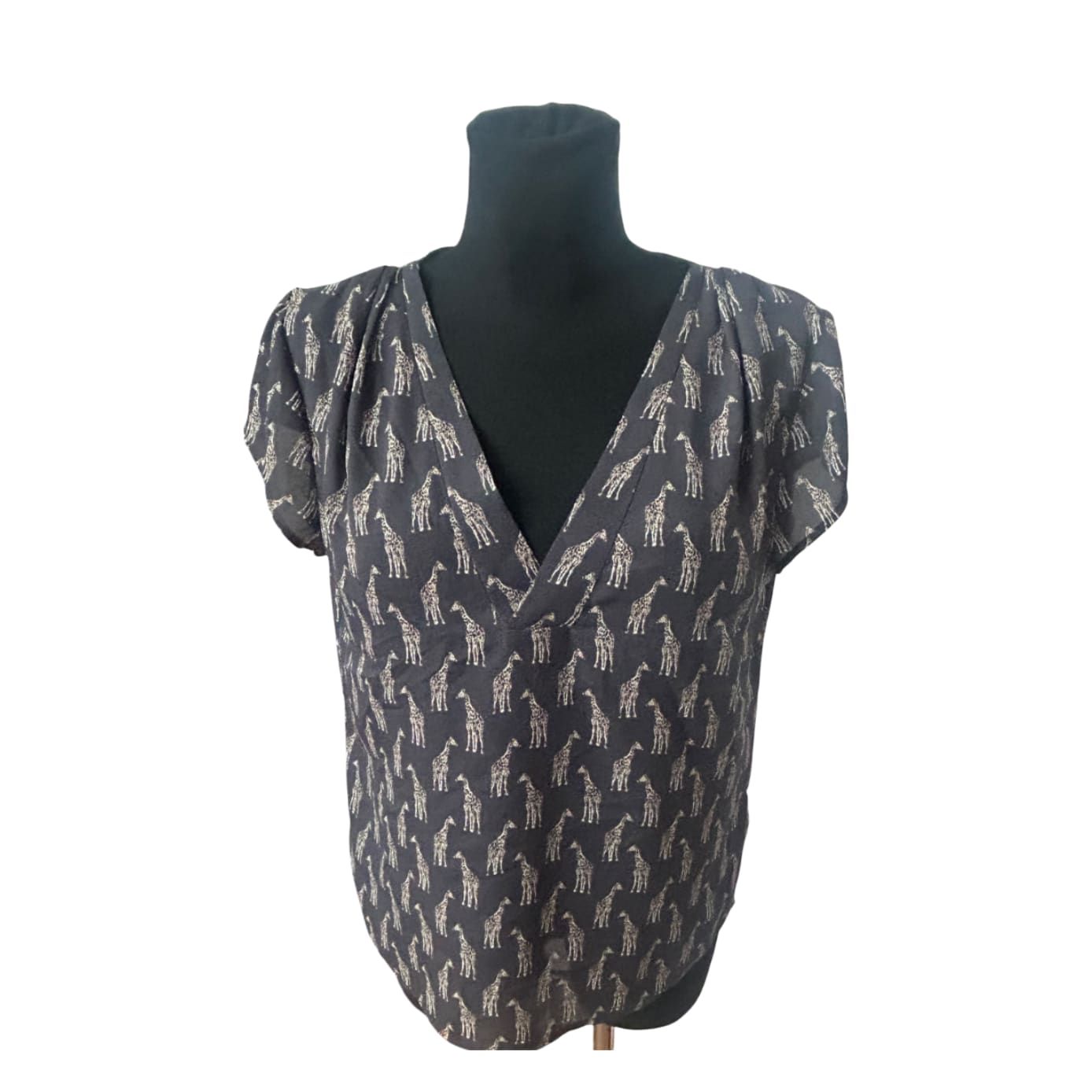 H&M Conscious Damen Bluse Kurzarm Giraffen Muster V Ausschnitt Größe 38