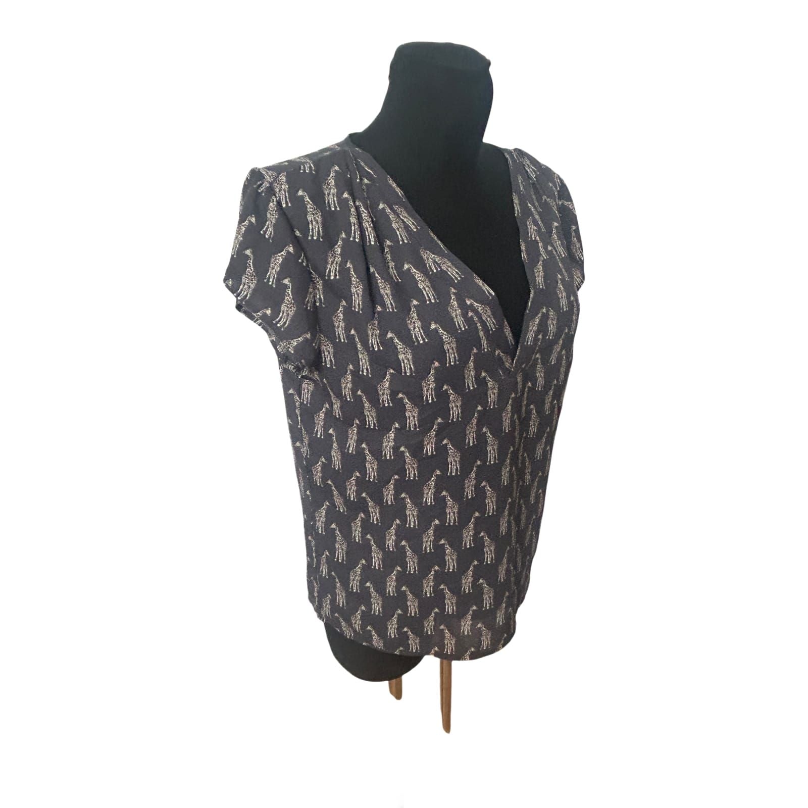 H&M Conscious Damen Bluse Kurzarm Giraffen Muster V Ausschnitt Größe 38