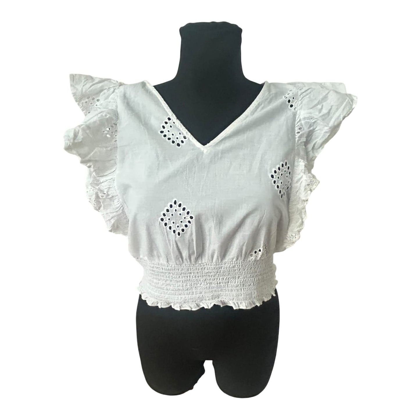 Only Damen Bluse Größe M Weiß Baumwolle Lochstickerei Rüschen Sommer
