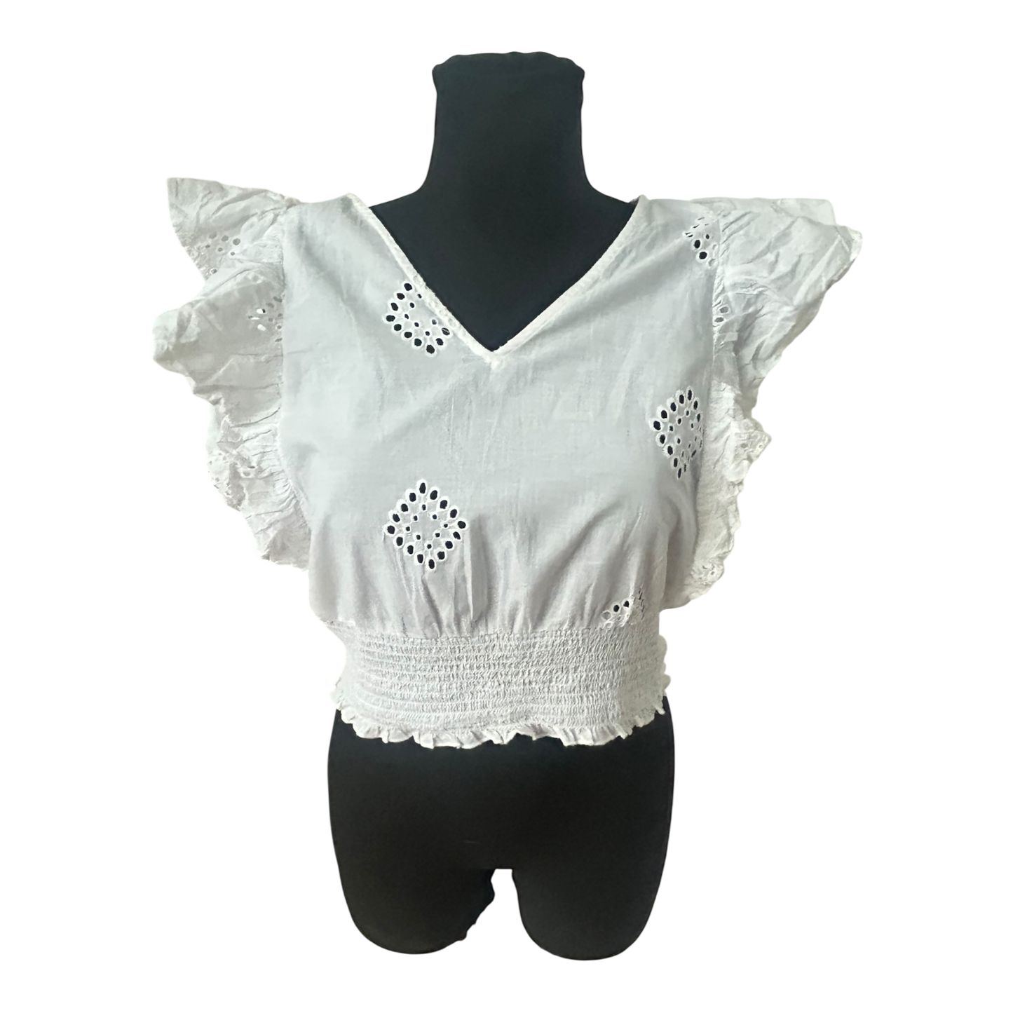 Only Damen Bluse Größe M Weiß Baumwolle Lochstickerei Rüschen Sommer