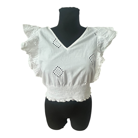 Only Damen Bluse Größe M Weiß Baumwolle Lochstickerei Rüschen Sommer