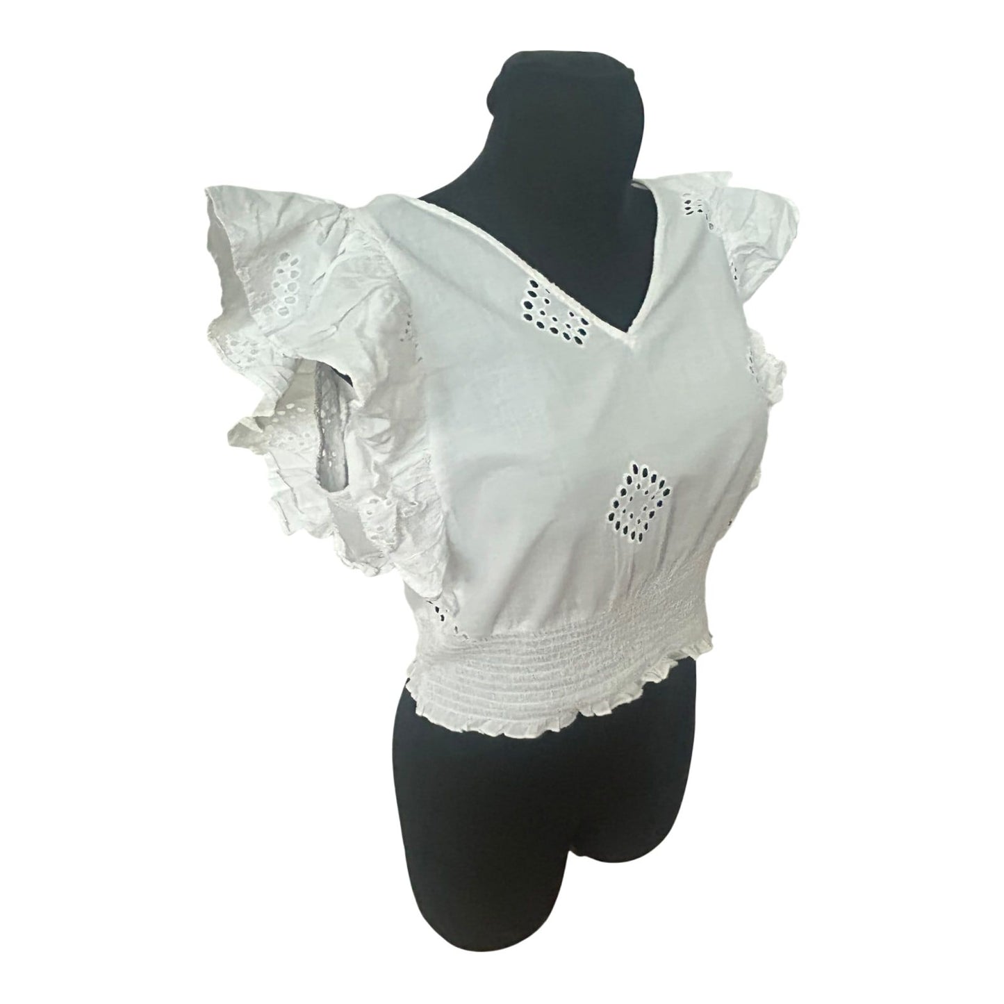 Only Damen Bluse Größe M Weiß Baumwolle Lochstickerei Rüschen Sommer