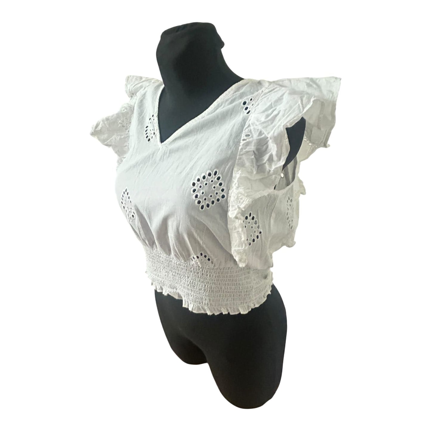 Only Damen Bluse Größe M Weiß Baumwolle Lochstickerei Rüschen Sommer