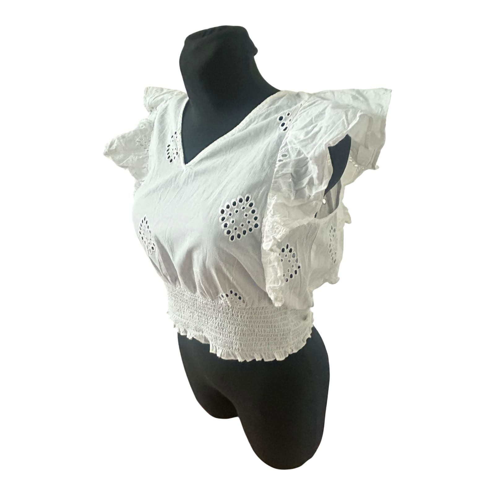 Only Damen Bluse Größe M Weiß Baumwolle Lochstickerei Rüschen Sommer