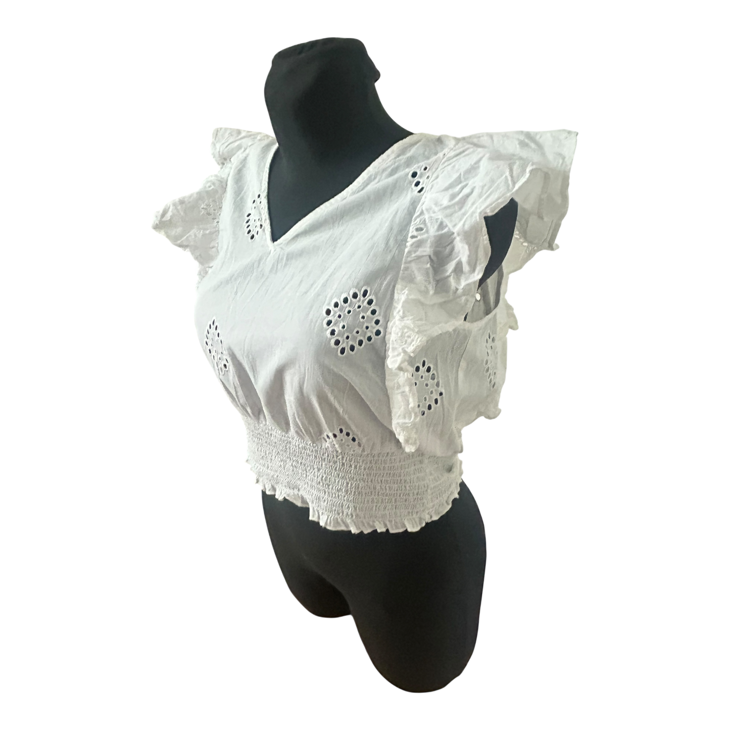 Only Damen Bluse Größe M Weiß Baumwolle Lochstickerei Rüschen Sommer