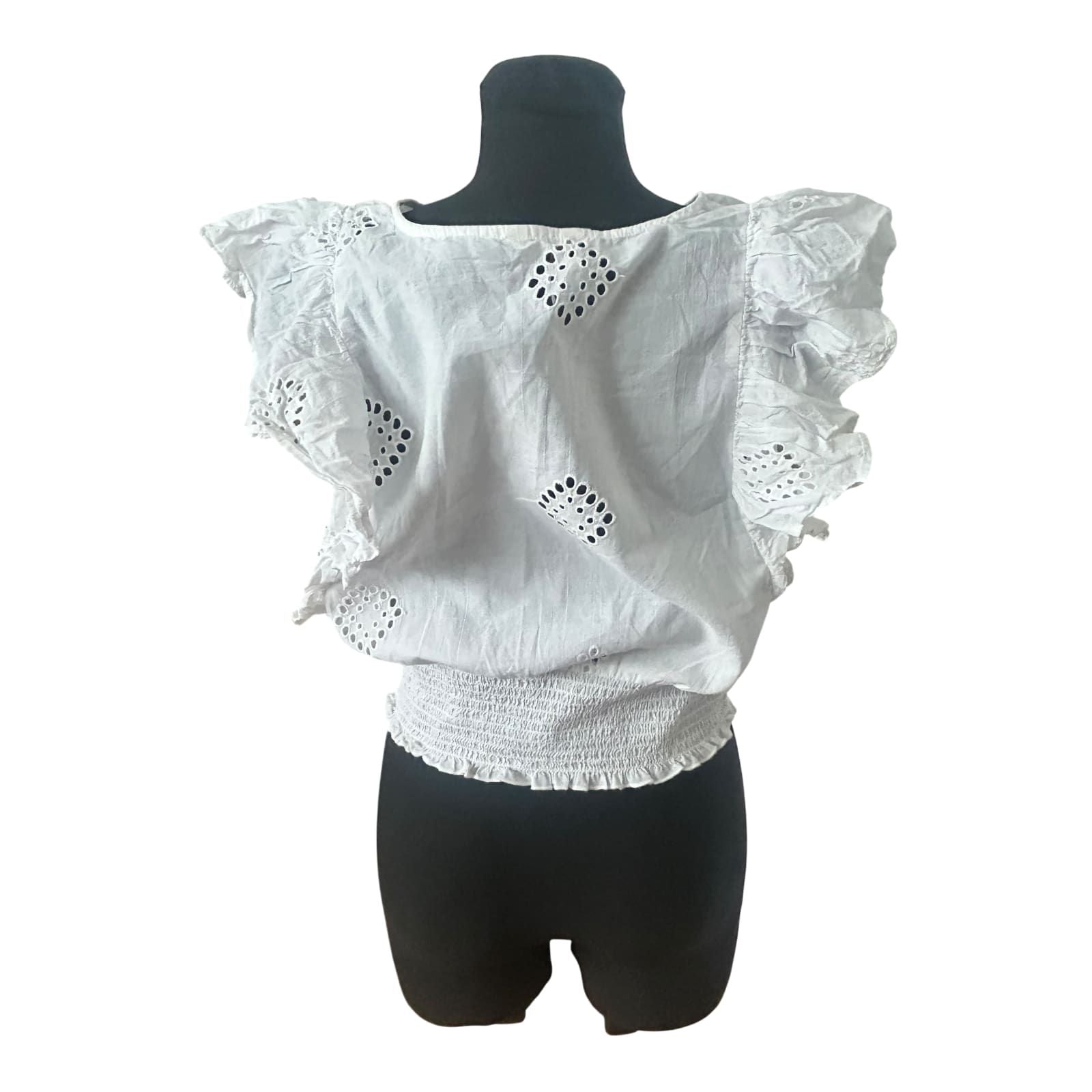 Only Damen Bluse Größe M Weiß Baumwolle Lochstickerei Rüschen Sommer
