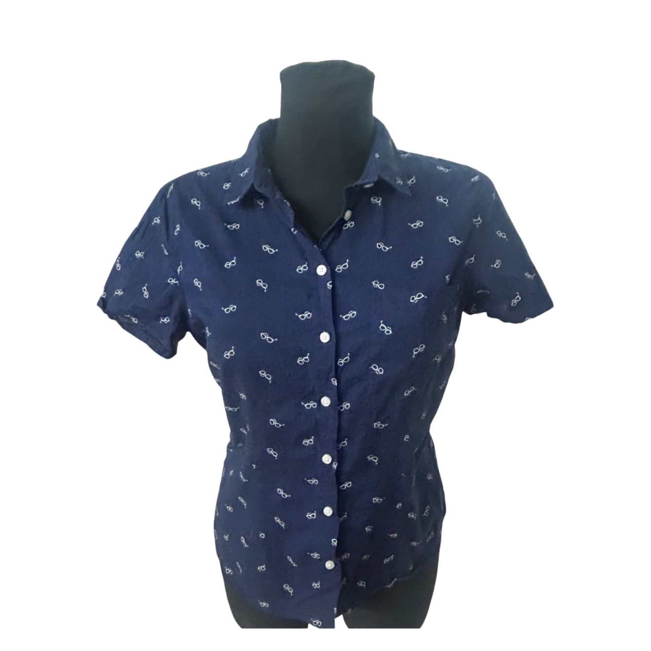 H&M Log Damen Bluse 40 Kurzarm Baumwolle Brillenmuster Sommer Freizeit