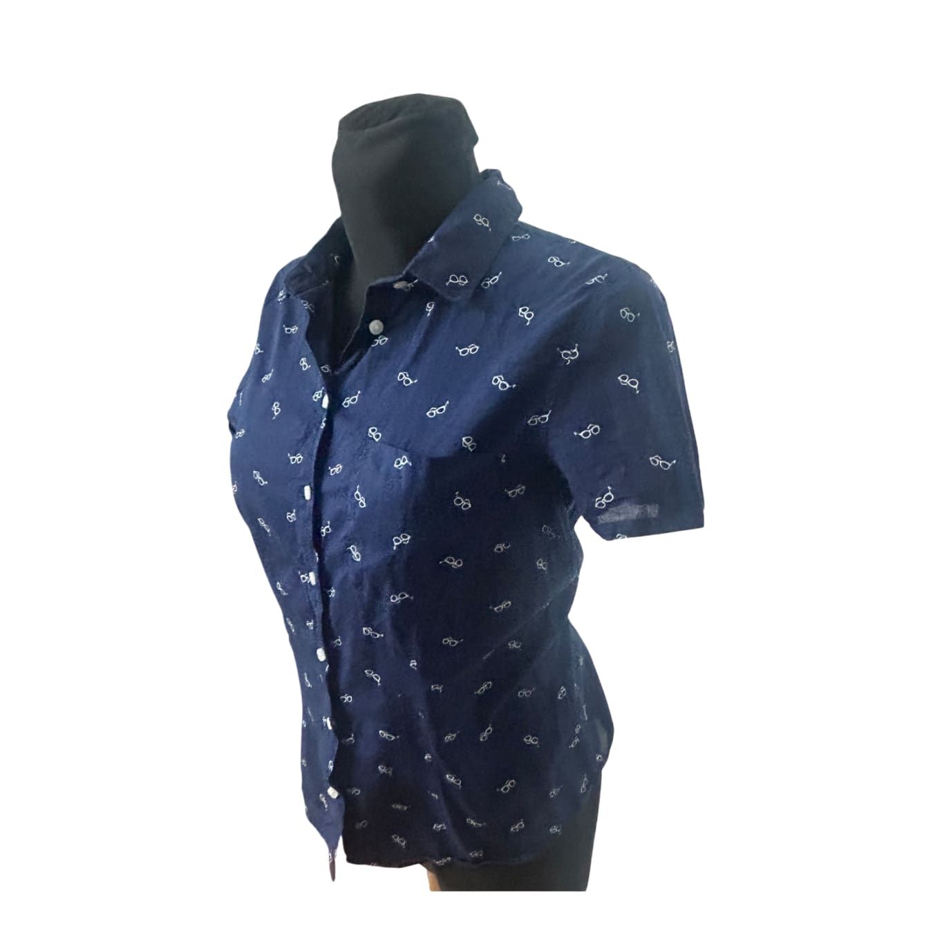 H&M Log Damen Bluse 40 Kurzarm Baumwolle Brillenmuster Sommer Freizeit