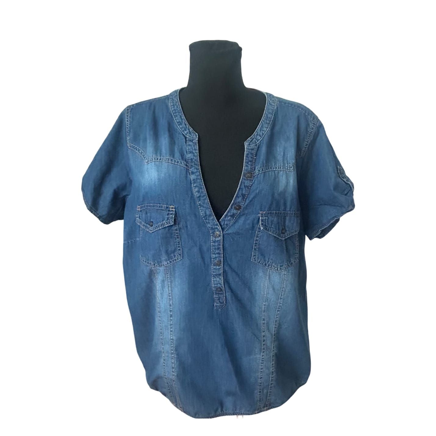 MS Mode Damen Bluse 50 Kurzarm Jeans Baumwolle Gummizug Schulterklappen