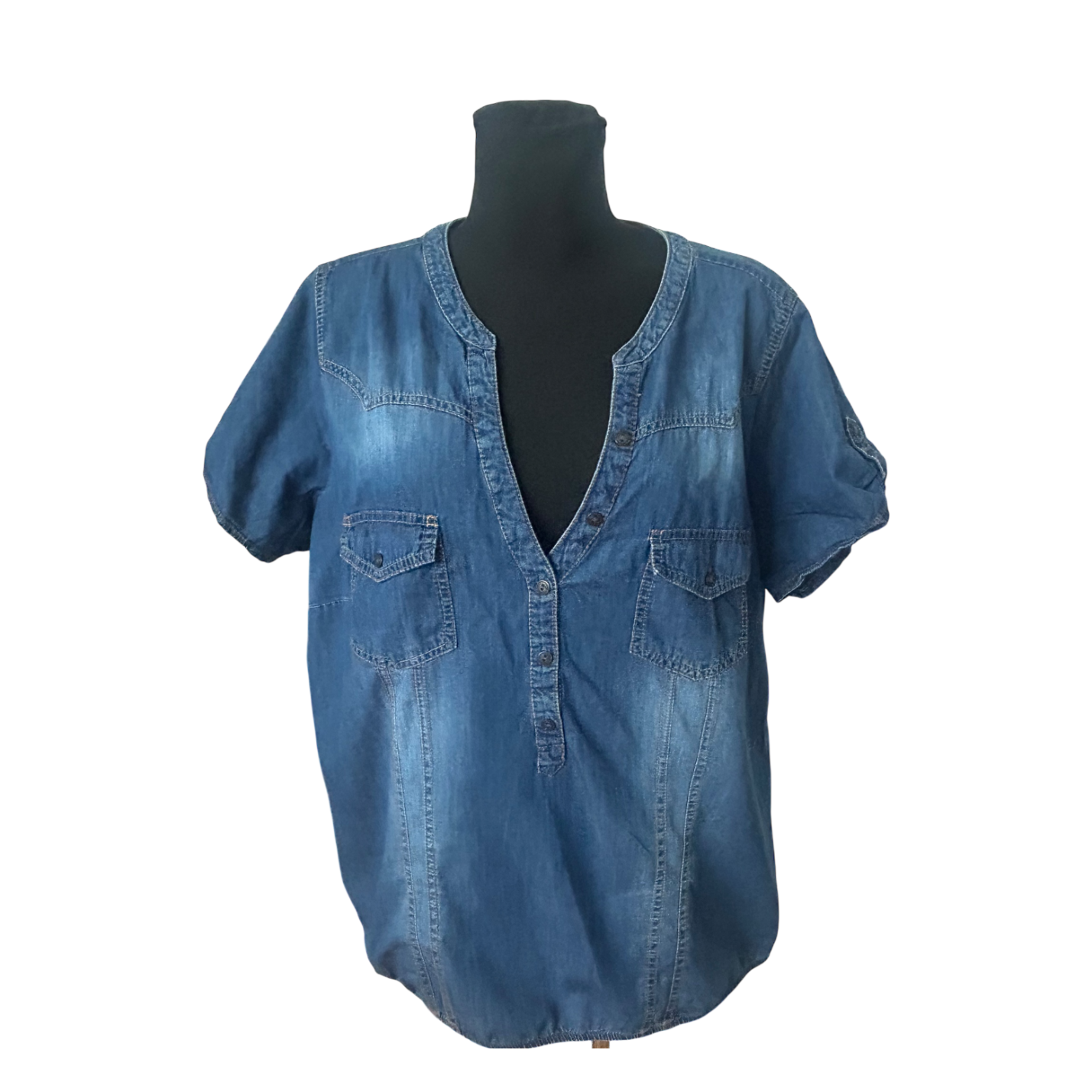 MS Mode Damen Bluse 50 Kurzarm Jeans Baumwolle Gummizug Schulterklappen