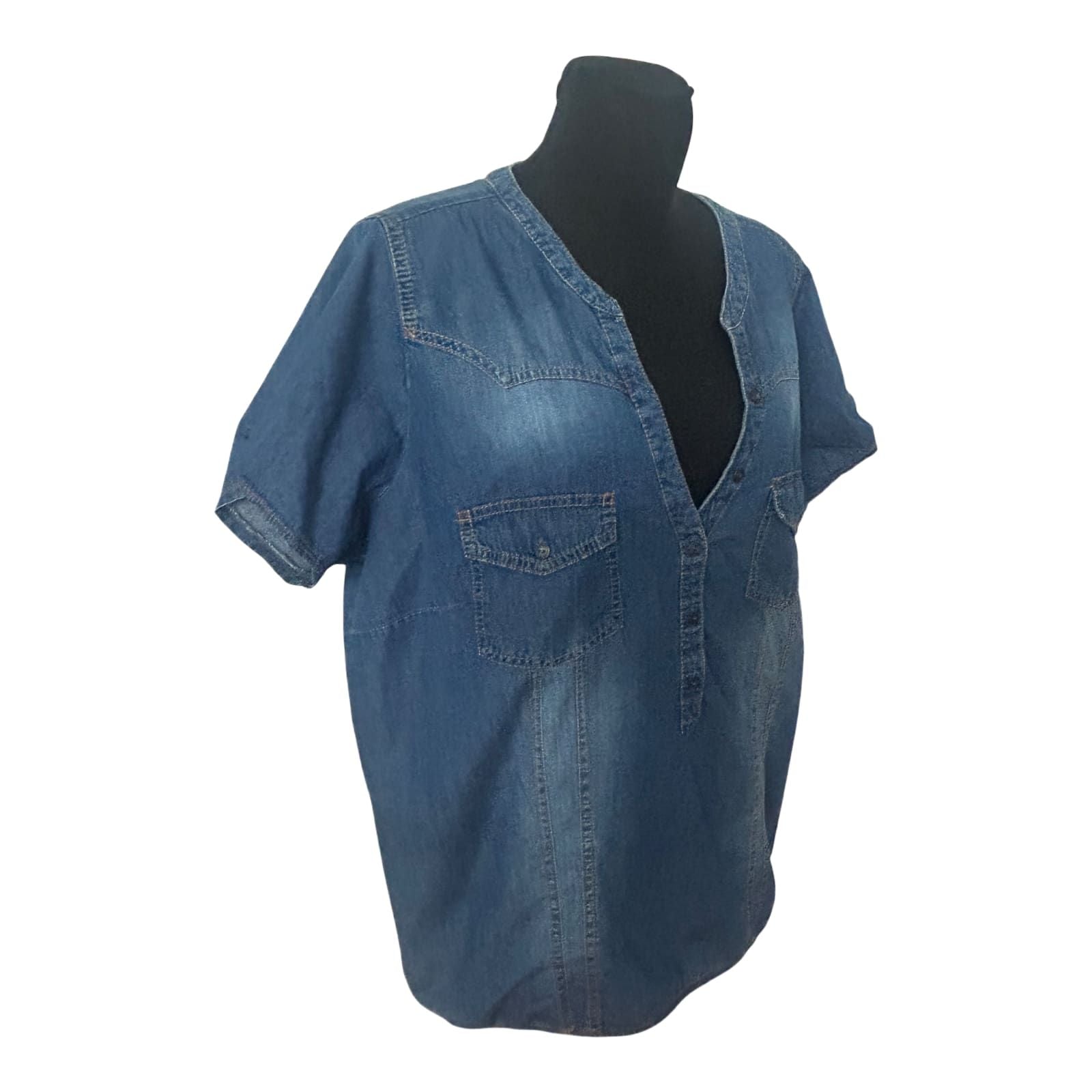 MS Mode Damen Bluse 50 Kurzarm Jeans Baumwolle Gummizug Schulterklappen